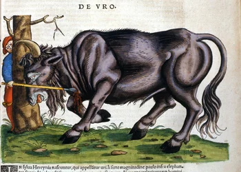 Bisonte europeo (Bos primigenius primigenius) cuya raza se extinguió en el siglo XVII en “Historia Animalium” de Konrad Gesner.