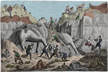 Excavaciones emprendidas por Paul-Emile Botta, cónsul de Francia en Nínive en el sitio de Khorsabad, antigua capital asiria al norte de Mosul. Irak. Grabado del siglo XIX