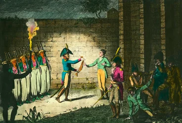 Ejecución de Luis de Borbón, Duque de Enghien (1772-1804) el 21 de marzo de 1804 en Vincennes, sospechoso sin pruebas de conspiración contra el Primer Cónsul Napoleón Bonaparte. Grabado alrededor de 1804. Colección privada