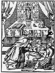 Exorcismo: un demonio deja el cuerpo de una bruja poseída mientras un sacerdote le ofrece la Comunión - Grabado de “Historias Prodigiosas” de Pierre Boaistuau