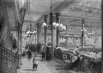 Expansiones de los almacenes "Bon marché": Nueva galería que conduce al Buffet. París 1880