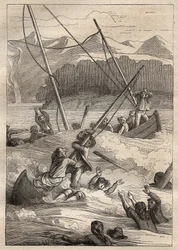Expedición alrededor del mundo (1785-1788) de Jean Francois Galaup de La Perouse (1741-1788): naufragio de los barcos en el puerto de los Franceses (Alaska) - ilustración tomada de “Los Grandes Marineros del siglo XVIII”