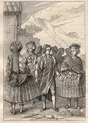 Expedición alrededor del mundo (1785-1788) por Jean Francois Galaup de La Perouse (1741-1788): trajes de los habitantes de la Concepción (Chile) - ilustración tomada de “The Great Mariners of the 18th century”