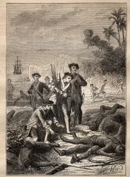 Expedición de Jean Francois de Surville (1717-1770) en los Mares del Sur (1769-1770): los marineros de Surville recogen las armas de los indígenas muertos durante la batalla (Nueva Irlanda, Papúa Nueva Guinea) - ilustración tomada de "The Great Mariners"