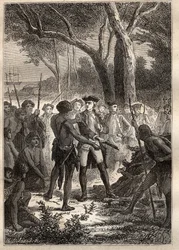Expedición de Nicolas Thomas Marion-Dufresne (Marion Dufresne) (1729-1772): Marion desembarcó en la Bahía Frederick Henry (Tasmania) y fue ofrecido un brandon encendido por los indígenas - ilustración tomada de “Los Grandes Navegantes del siglo XVIII”