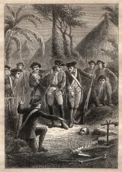 Expedición en busca de Marion y sus camaradas desaparecidos, marineros descubren un cráneo y restos humanos en el pueblo de Tacouri (Isla Matuaro, Nueva Zelanda) - ilustración tomada de “The Gr