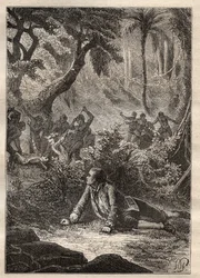 Expedición de Nicolas Thomas Marion-Dufresne (Marion Dufresne) (1729-1772): el único marinero sobreviviente presencia la masacre de todos sus compañeros, incluido Marion, por los nativos de la Bahía de los Asesinos (Isla Matuaro, Nueva Zelanda) - ilustraci