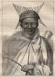 Expedición al interior de las tierras de Sudáfrica (1775) por Anders Sparrman (1748-1820): un bosquimano (Bochiman o San, indígena del sur de África) - ilustración tomada de "The Great Mariners of the 18th century"