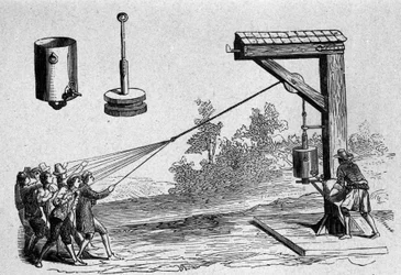 Experimento realizado en presencia del príncipe Auerberg sobre el vacío neumático por el científico alemán Otto von Guericke para calcular la presión atmosférica en 1654. Lámina tomada de “Ottonis de Guericke: Experimenta Nova Magdeburgica de vacuo spatio”