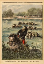 Experiencia de paso de río por el 7º regimiento de dragones en Fontainebleau. Grabado en "Le petit journal" 6/09/1896. Colección Selva