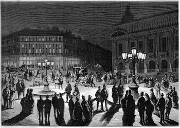 Prueba de un nuevo sistema de alumbrado de gas en la plaza de la Ópera de París en 1872. Grabado de febrero de 1872.