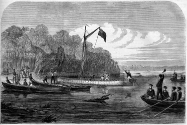 Exploración del periodista Henry Morton Stanley (1841-1904) en busca del Dr. David Livingstone (1813-1873), médico y explorador británico en el sur de África. Grabado en "El Universo Ilustre".