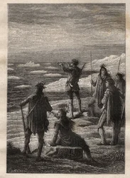 Exploración del Gran Norte Canadiense (1769-1772) por Samuel Hearne (1745-1792): Hearne sube el curso del río Coppermine y llega a su desembocadura en el Océano Ártico en 1771 - ilustración de “The Great Mariners of the 18th century”
