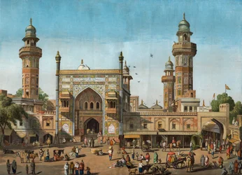 Vista exterior de la Mezquita Wazir Khan en Lahore, Pakistán. Grabado en “The illustrated London News” del 22 de mayo de 1858.