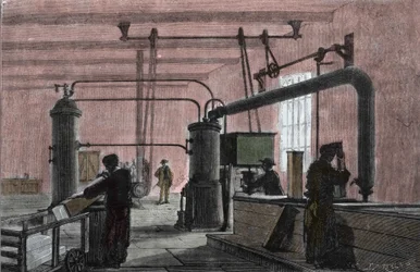 Fábrica para la fabricación de hielo con el sistema de Ferdinand Carre (1824-1894). Grabado del siglo XIX