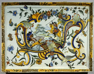 Plato de loza que representa una escena de caza de jabalíes
