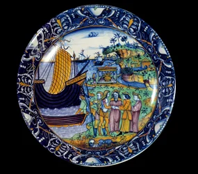 Plato de loza representando la llegada de Eneas a Delos recibido por el rey Arius