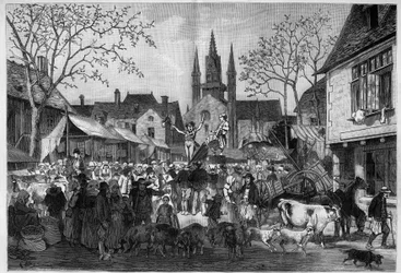 Feria en Bretaña en la plaza de un pueblo. Grabado en "Le Monde Illustré"