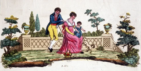 Familia en un parque. Grabado de principios del siglo XIX