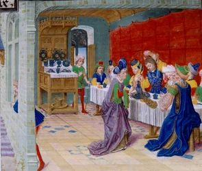 Escena de banquete, se sirve un pavo real en la mesa. Miniatura tomada de “La Vraye Histoire du Bon Roy Alixandre” de Calístenes, o Kallístenes (ca. 360-328 a. C.)