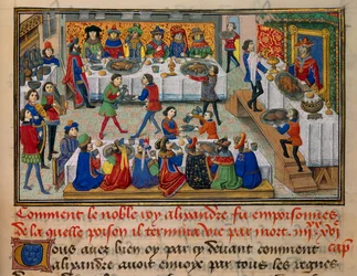 Escena de banquete festivo, servido para el Rey Alejandro y sus cortesanos en los últimos días de su vida. Miniatura tomada de 