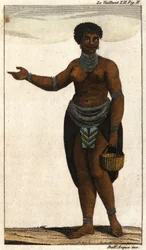 Miembro femenino de la tribu sudafricana de los hotentotes, grabado de 1820.