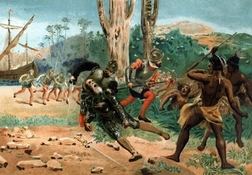 Fernando de Magallanes (circa 1480-1521), navegante portugués, murió asesinado en la isla de Mactán (Filipinas) el 27 de abril de 1521. Según «Hombres y Mujeres célebres». Barcelona 1877.