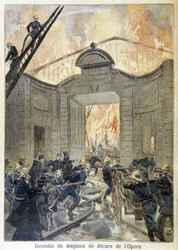 Intervención de los bomberos durante el incendio del taller de decorados de la ópera. ilustración del “Petit Journal” en 1894