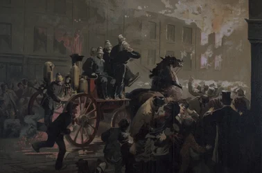 Camión de bomberos, finales del siglo XIX (litografía en color)
