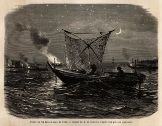 Pesca con fuego en la bahía de Yedo (o Edo, actual Tokio), durante la noche, cada barco lleva una especie de parrilla en la parte delantera que ilumina, la luz atrae a los peces que son capturados con una gran red. Grabado para ilustrar Japón, historia de 