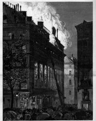 Incendio de la Ópera Cómica (Opéra-Comique) en París visto desde la Rue Marivaux y el Boulevard des Italiens el 26 de mayo de 1887. Grabado en “Le Monde Illustré”