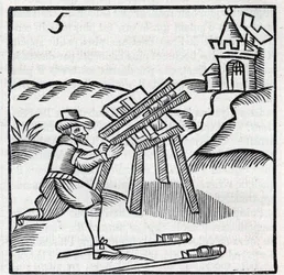 Fuegos artificiales: Artesano lanzando palillos. Reproducción de los grabados de la obra del jesuita francés Jean Leurechon “La recreación matemática, o Entrevista jocosa sobre varios problemas placenteros, en aritmética, geometría.