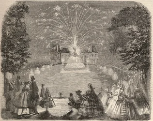 Fuegos artificiales e iluminación del castillo de Maisons-Laffitte (Maison-Laffitte) la noche del concurso del comité agrícola. Grabado en «Le Monde illustré» de 1857. Colección privada.