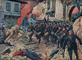 Primera Guerra de los Balcanes "The Bulgarian Armee triumphant after the Battle of Kirk Kilisse (Lozengrad) on 24/10/1912, Turkey" (La batalla de Kirk Kilisse (o batalla de Kirkkilise) formó parte de la Primera Guerra de los Balcanes entre los ejércitos de