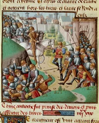 Primera Cruzada: “La Conquista de Antioquía”. Batalla librada bajo los muros de Antioquía entre los cruzados de Bohemundo y el ejército de Karbouka, general del Sultán de Persia en junio de 1098. Miniatura en “Le miroir historial” (Speculum Historiale)