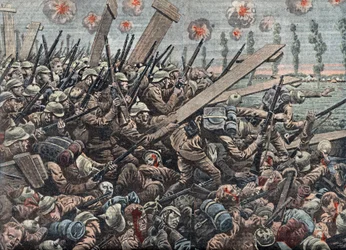 Primera Guerra Mundial: Ejército alemán en la batalla del Yser octubre de 1914 Ilustración de "Le pelerin" 29 de noviembre
