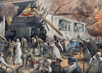 Primera Guerra Mundial: bombardeo de un hospital inglés por escuadrones alemanes, junio de 1918 Ilustración de "Le pelerin" 18/06/1918 Colección particular