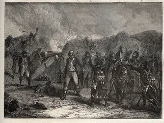 Primera coalición: Coronel Antoine Guillaume Rampon (1759-1842) en la Batalla de Montenotte el 12 de abril de 1796, durante la campaña italiana que enfrentó a las tropas francesas de Napoleón Bonaparte contra los ejércitos austriaco y sardo - Tropas france