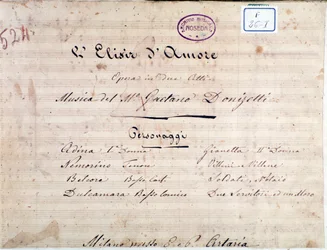 Primera página de la partitura de El elixir de amor, ópera de Gaetano Donizetti