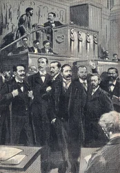 Primera sesión de la Cámara de Diputados elegida en 1898: Paul Deschanel (1855-1922), Presidente de la Cámara de Diputados. Paul Adolphe Granier de Cassagnac (1842-1904), Lucien Millevoye (1850-1918), Paul Deroulede (1846-1914), Jacques Piou (1838-1932), E