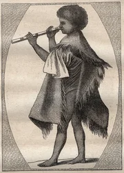 Primer viaje (1768-1771) del Capitán James Cook (1728-1779): flautista tahitiano - ilustración tomada de "Los Grandes Navegantes del siglo XVIII"