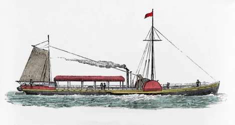 Primer viaje del barco de vapor “Clermont” por Robert Fulton (1765-1815), ingeniero estadounidense en el río Hudson, EE.UU.