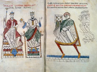 Flavio Josefo (originalmente Yossef ben Matityahu, historiador judío de habla griega (37-100) ofreciendo su libro a los emperadores Tito y Vespasiano. Miniatura tomada de “De Bello Judaico (Guerra de los Judíos)” (folio 2 y 3)