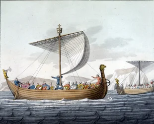 Flota de Guillermo I el Conquistador (1027 - 1087) navegando hacia Inglaterra - en "El traje antiguo y moderno" por Ferrario, ed. Milán