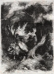 Vuelo de Angélica durante la batalla - grabado de 1851 de "Orlando furioso" (siglo XVI) de Ludovico Ariosto, conocido como el Ariosta - Edición traducida del italiano por el Conde de Tressan y publicada por Gustave Harvard