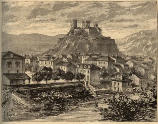 Foix - Ariège - Occitania - grabado en "PATRIE - DESCRIPCIÓN PICTÓRICA DE FRANCIA EN 6 VOLÚMENES" por Lucien Huard - finales del siglo XIX