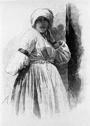 Folclore: mujer con traje tradicional de Piana degli Albanesi. Sicilia. Grabado del siglo XIX