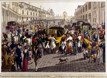 Fontainebleau. La partida de Napoleón Bonaparte a la isla de Elba. 20/04/1814. Grabado del siglo XIX