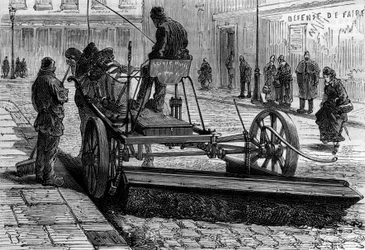 Antiguo oficio de París: la máquina para barrer las calles de París. Grabado en "La Nature"