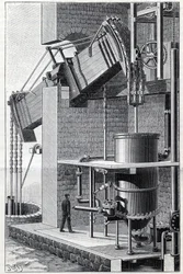 Antigua máquina de vapor de Thomas Newcomen, actualmente en funcionamiento cerca de Bristol, en Inglaterra. Grabado en «La Nature»